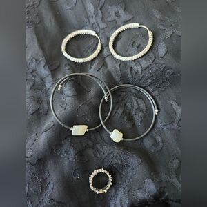 Stylish  Silver Earrings And Pinky Ring With Two Black Stone Wrap Bracelets